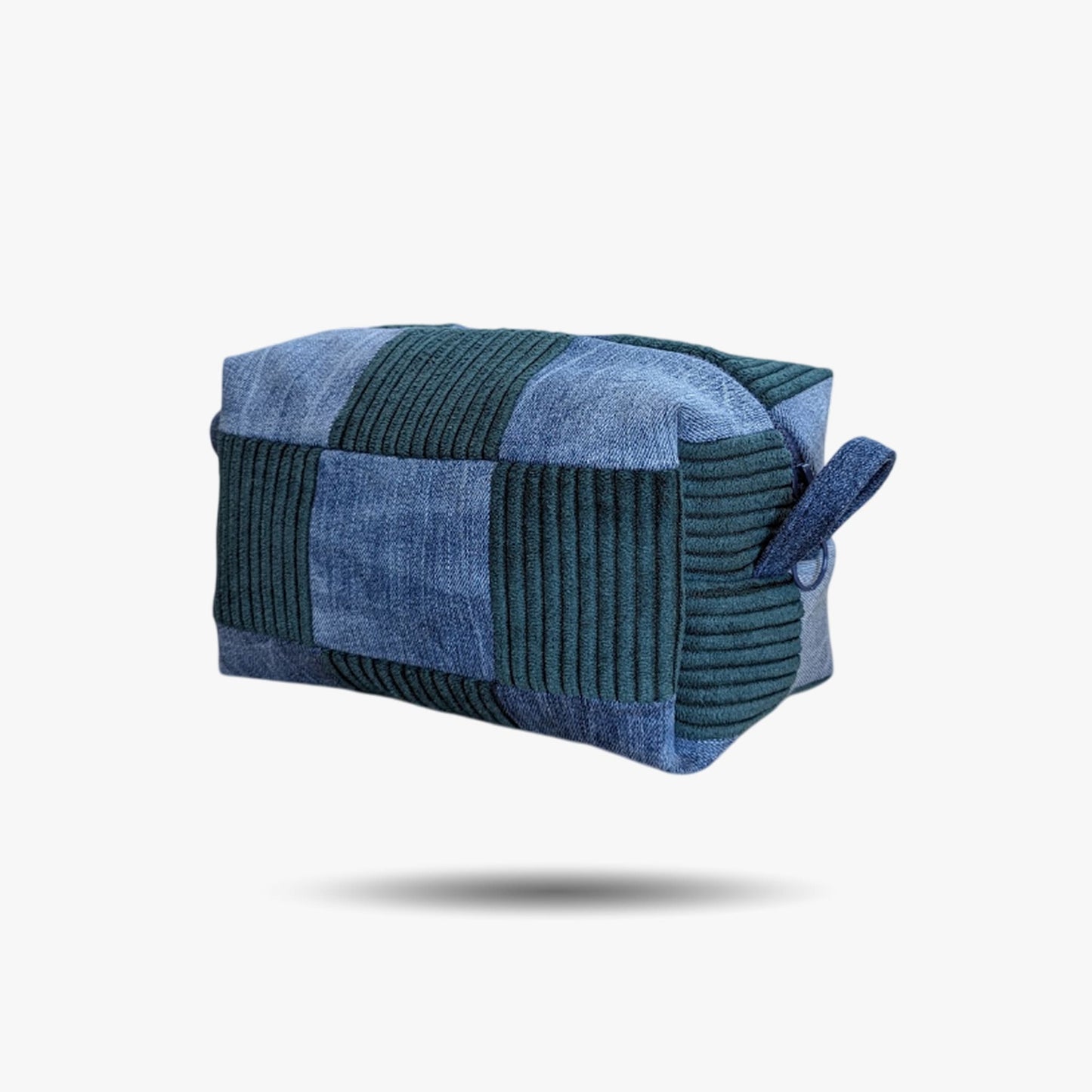 Large cosmetic bag made from upcycled jeans and textiles