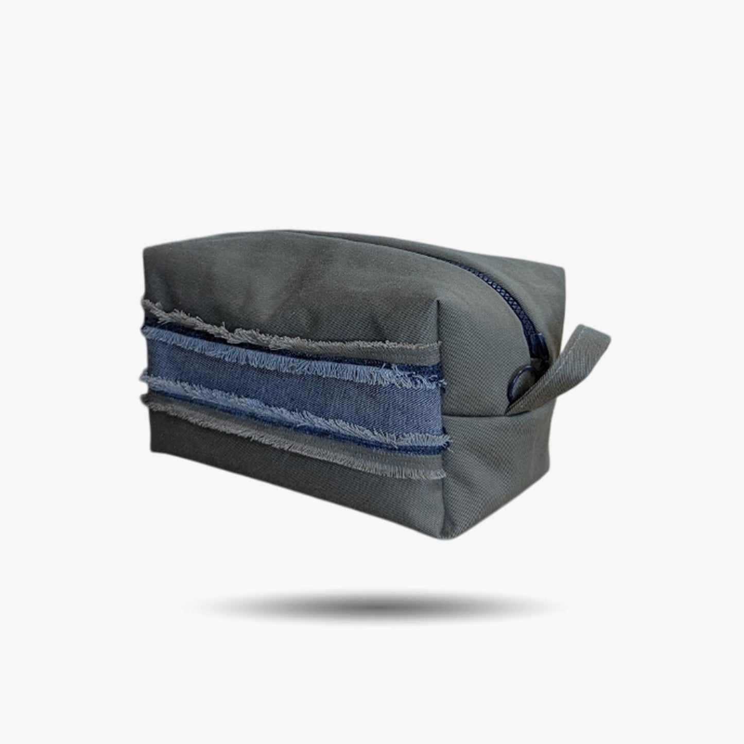 Large gray cosmetic bag made from upcycled jeans