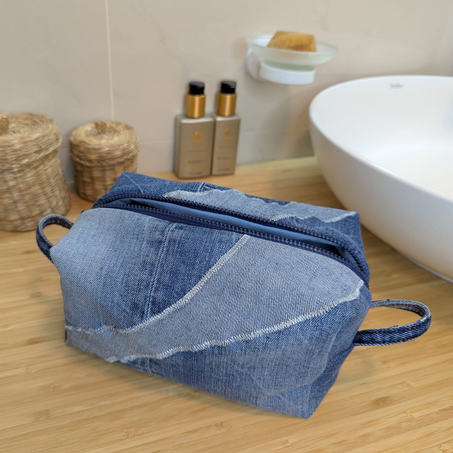 Large blue cosmetic bag made from upcycled jeans