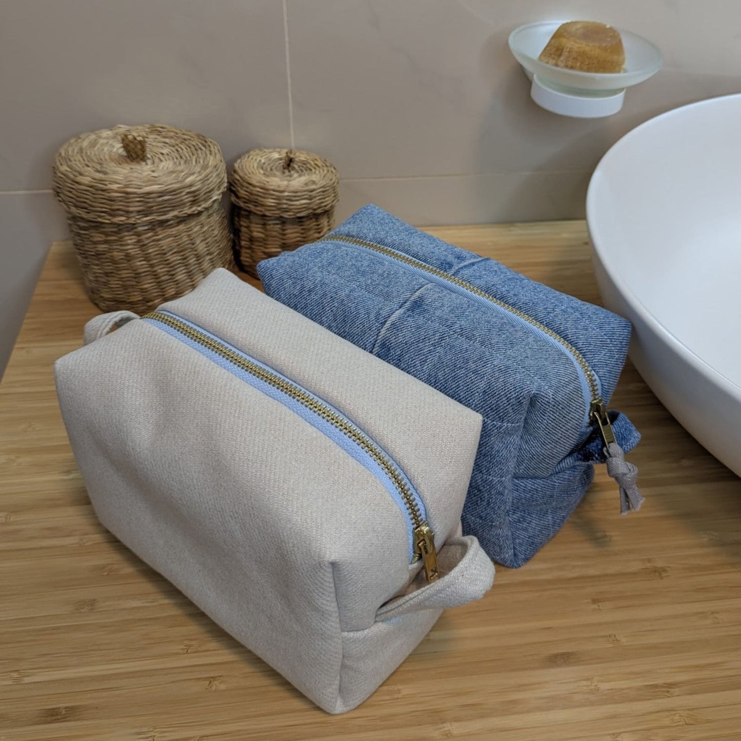 Large light blue cosmetic bag made from upcycled jeans