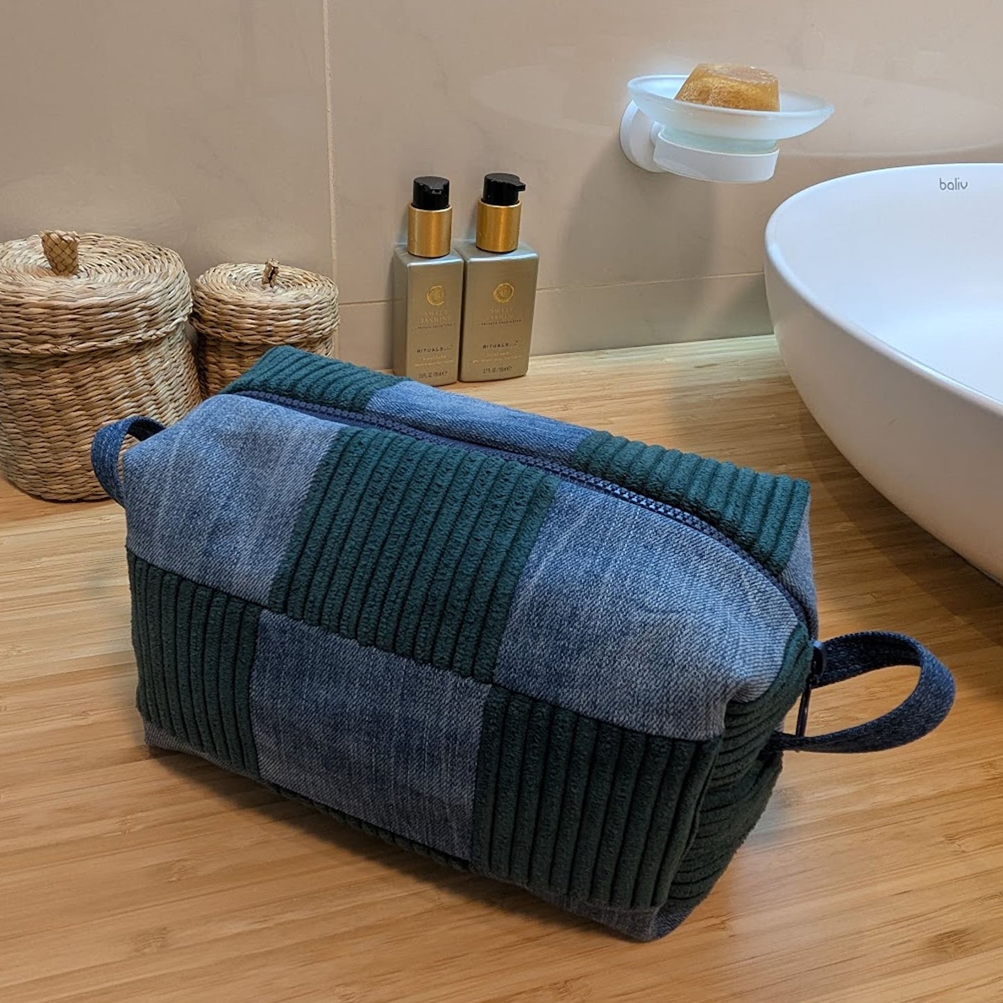 Large cosmetic bag made from upcycled jeans and textiles