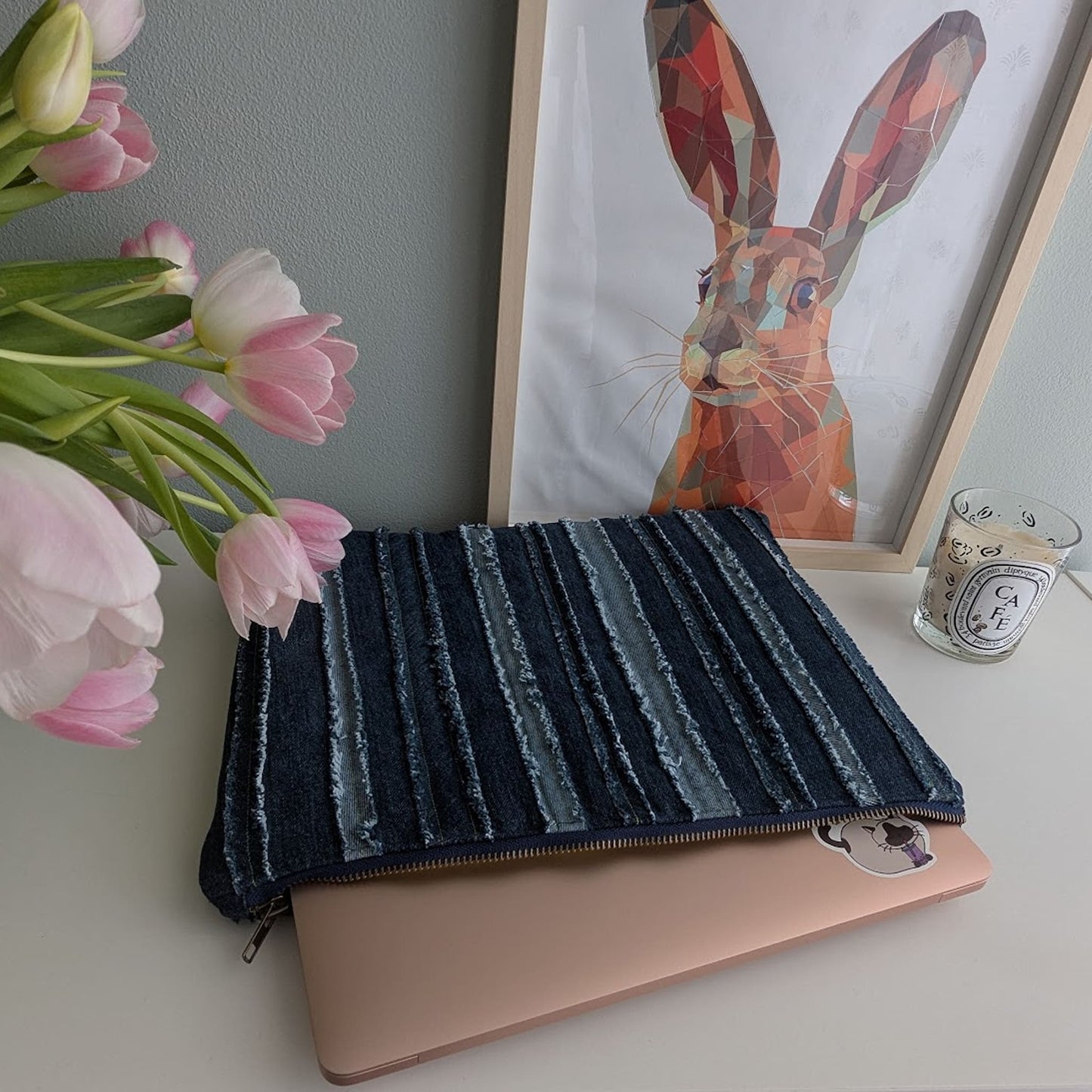 Dark blue laptop bag made of upcycled jeans 13"