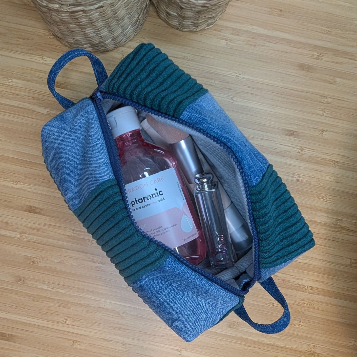 Large cosmetic bag made from upcycled jeans and textiles