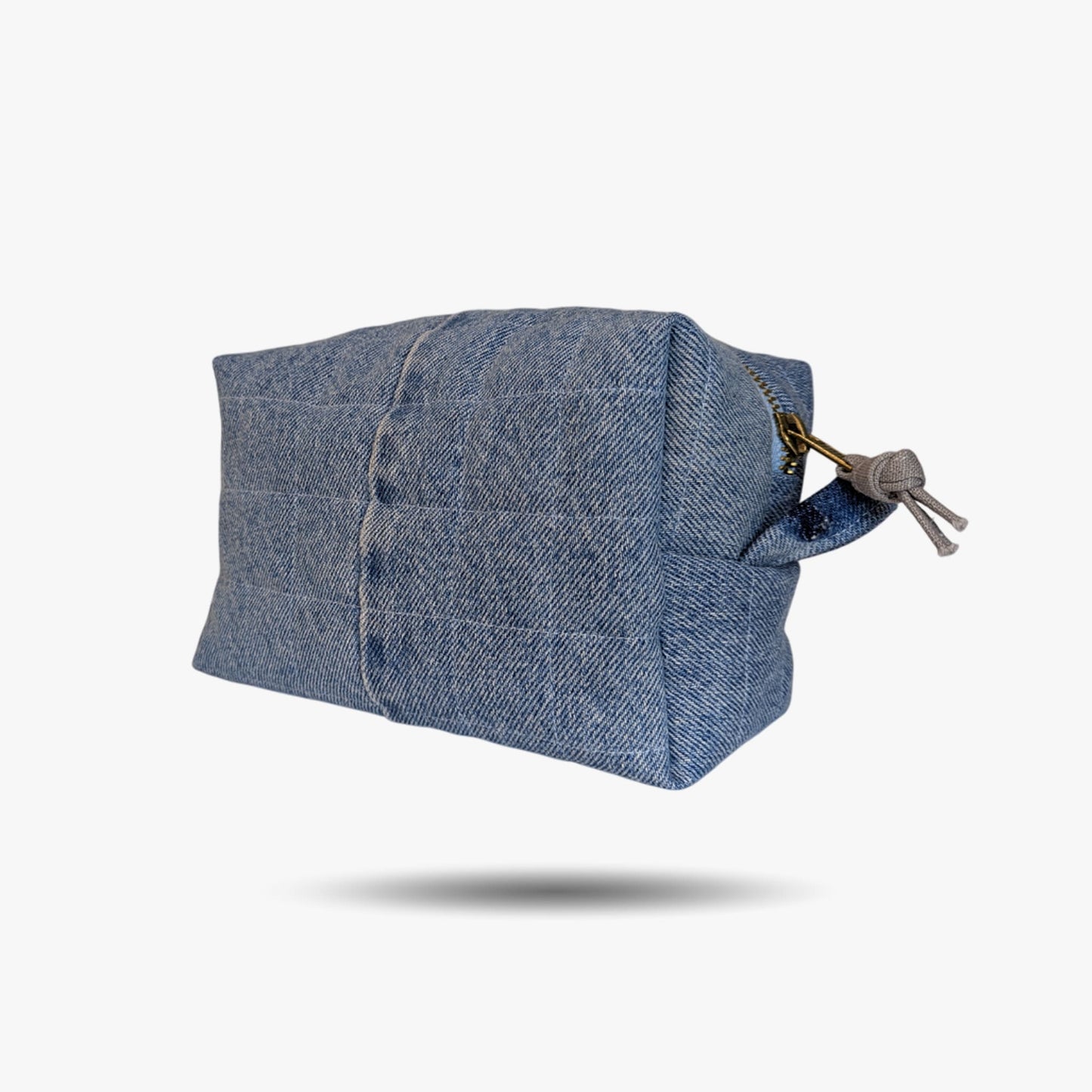Large light blue cosmetic bag made from upcycled jeans