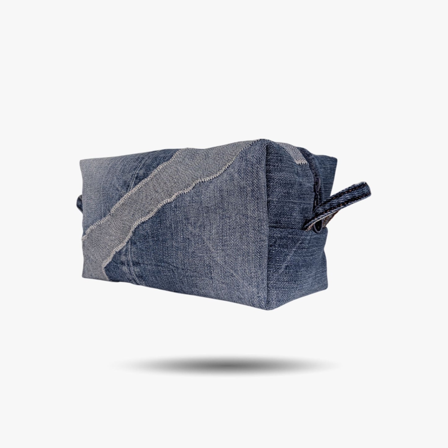 Large blue cosmetic bag made from upcycled jeans