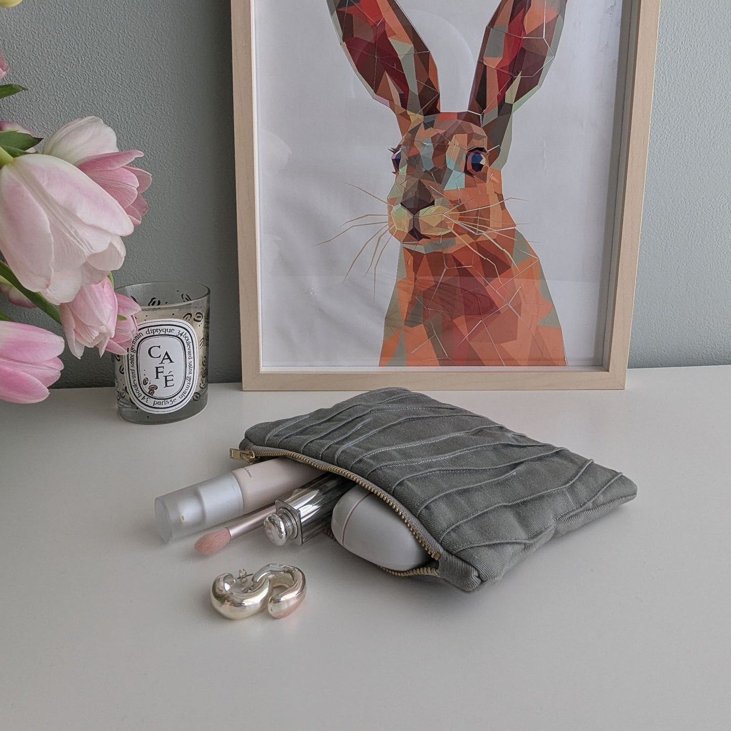Grey medium cosmetic bag made from upcycled jeans