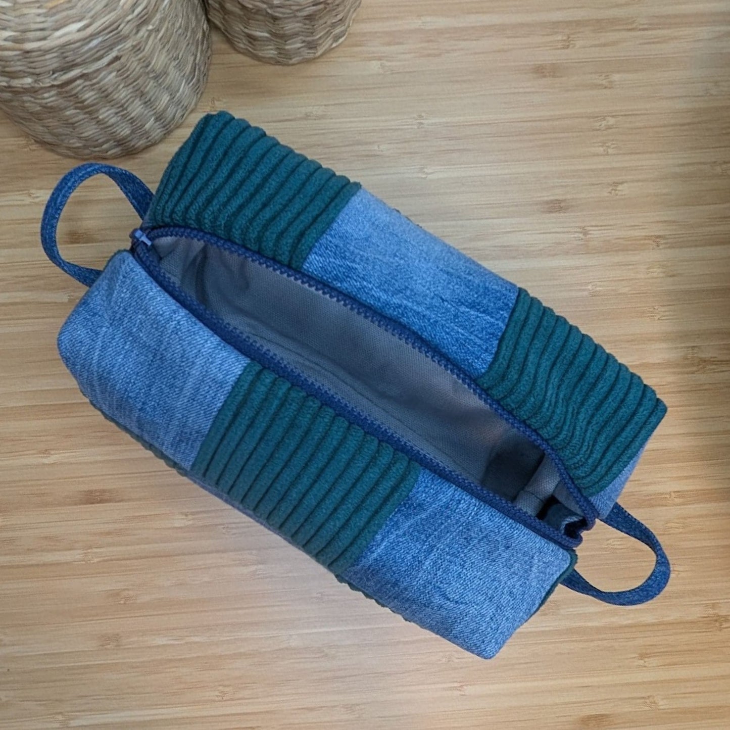 Large cosmetic bag made from upcycled jeans and textiles