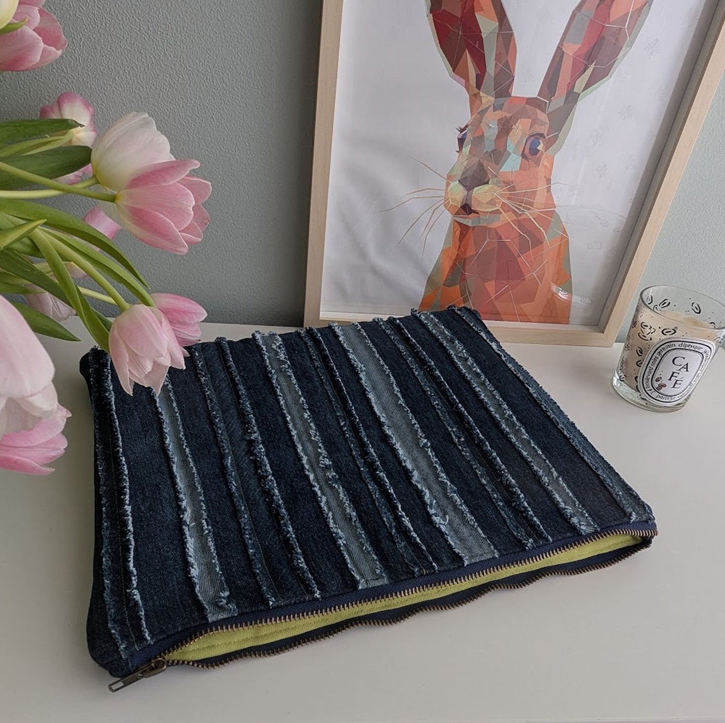 Dark blue laptop bag made of upcycled jeans 13"